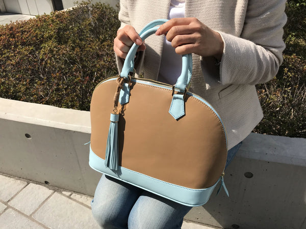 高石 様 牛革 ブラウン&ベイビーブルーコンビネーション　ハンドバッグ