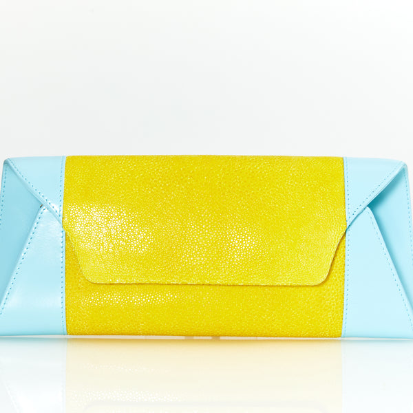 クラッチバッグ【エイ革×牛 革】レモンイエロー＆ベイビーブルー｜Ruke