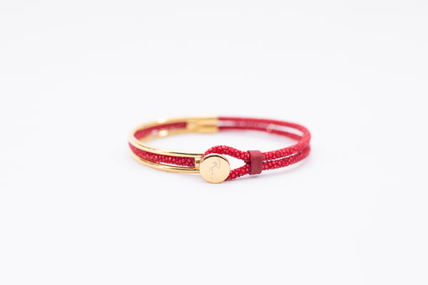 Bracelet [ray leather] Rosso & yellow gold (center circle closure)