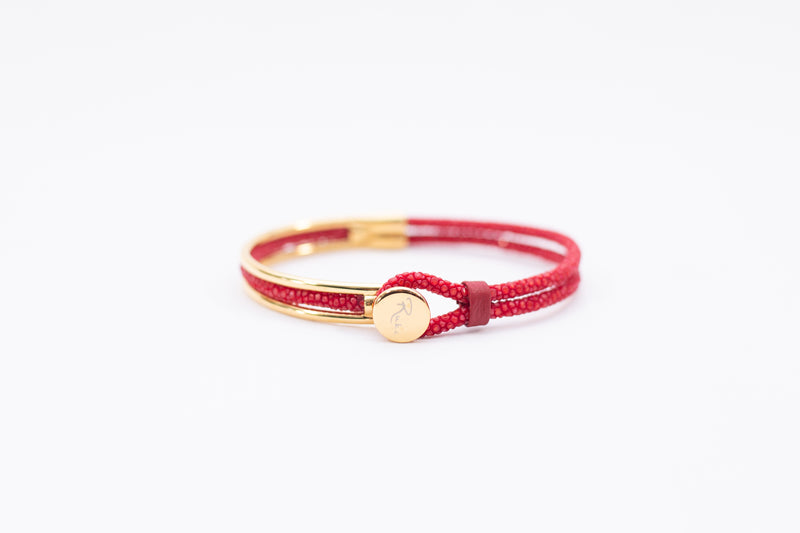 Bracelet [ray leather] Rosso & yellow gold (center circle closure)