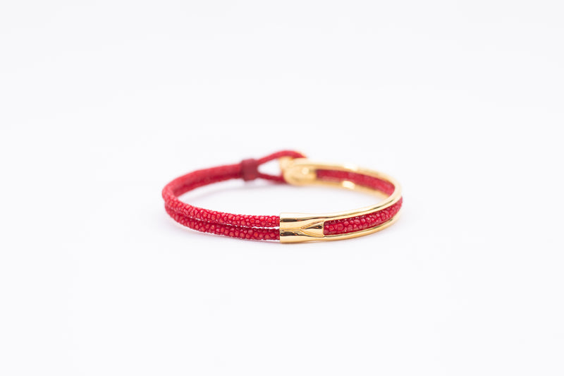 手环【珍珠鱼皮革（鳐鱼皮革）】赤红&黄金色（中心圈扣）