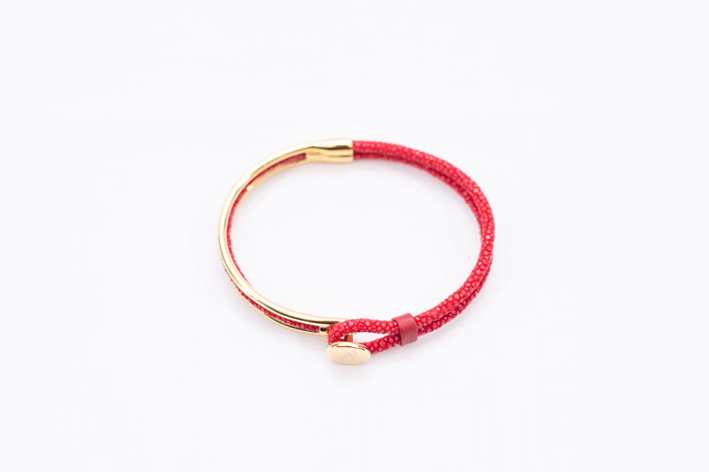 Bracelet [ray leather] Rosso & yellow gold (center circle closure)